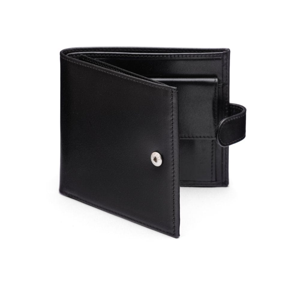 Leather wallet with coin purse and tab closure, front