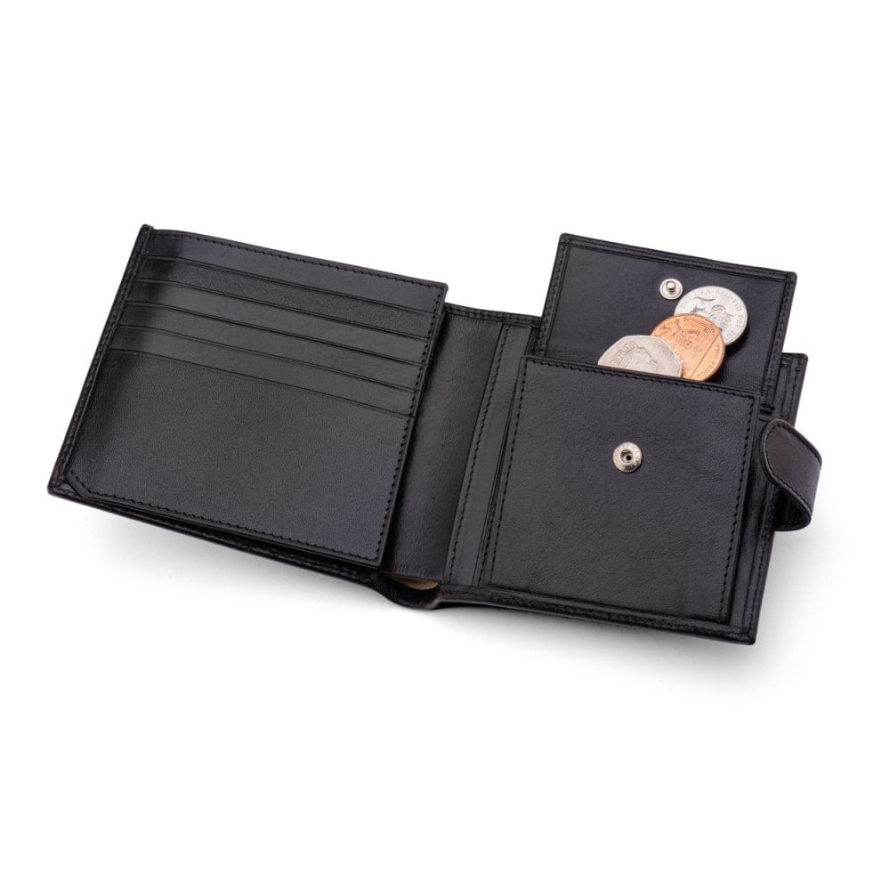 Leather wallet with coin purse and tab closure, open purse