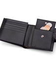 Leather wallet with coin purse and tab closure, open purse