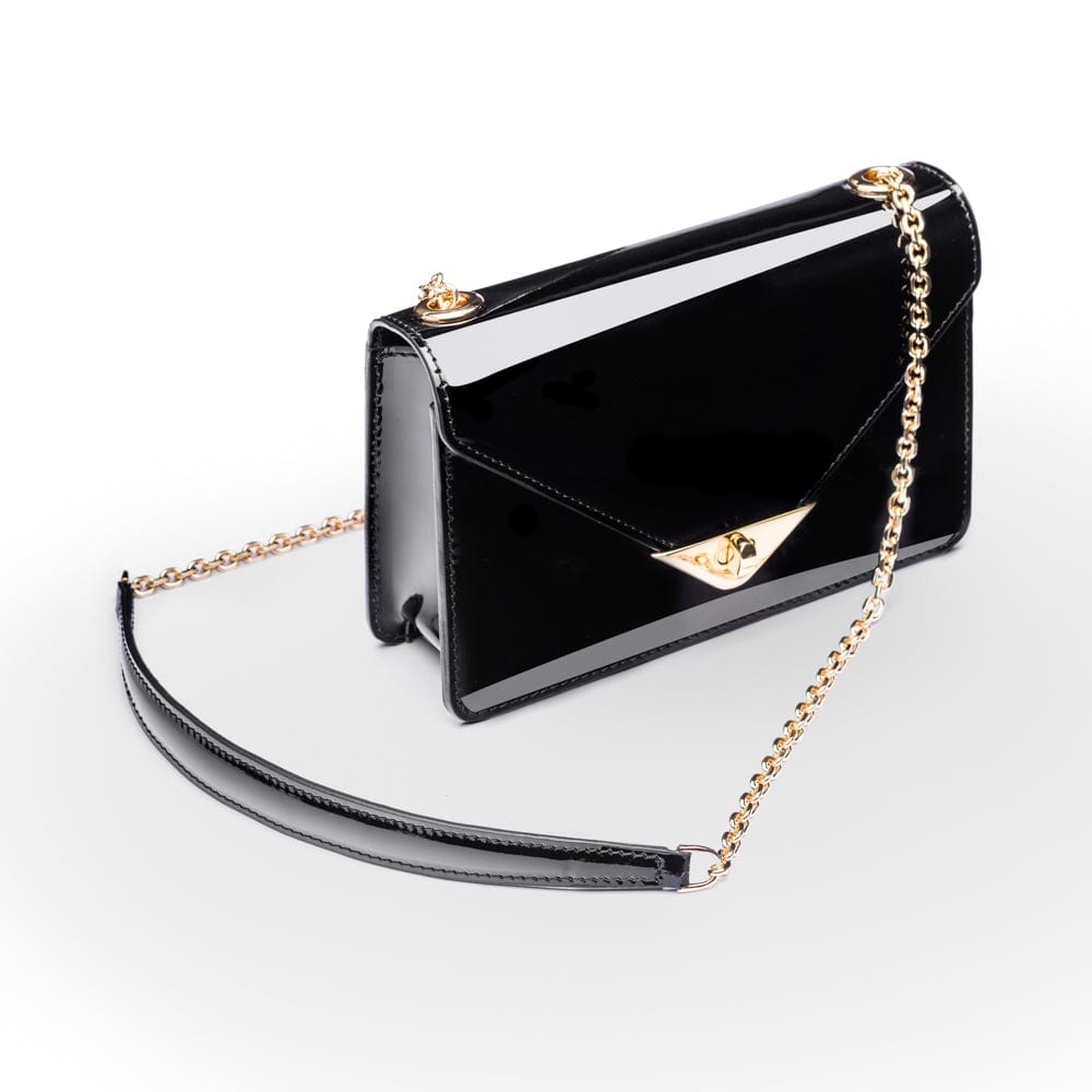 Small leather envelope chain bag, black patent, side view