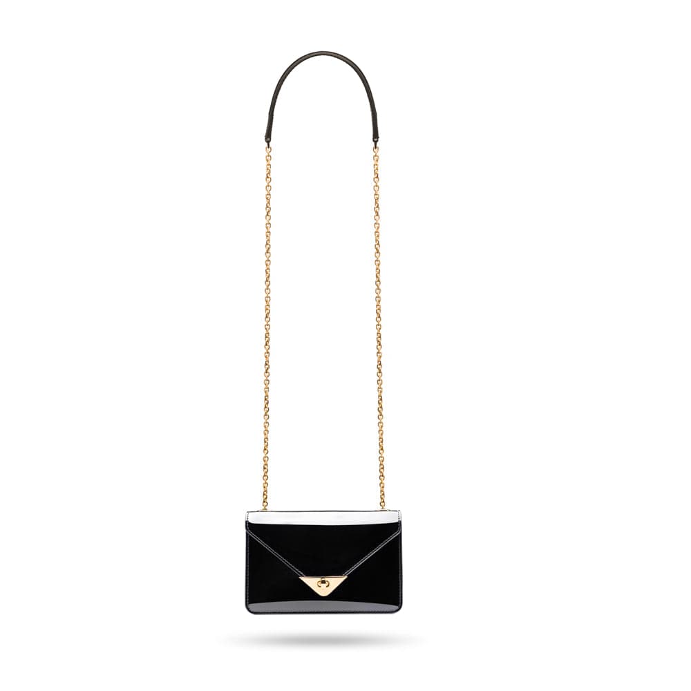 Small leather envelope chain bag, black patent, with long chain strap