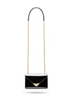 Small leather envelope chain bag, black patent, with long chain strap