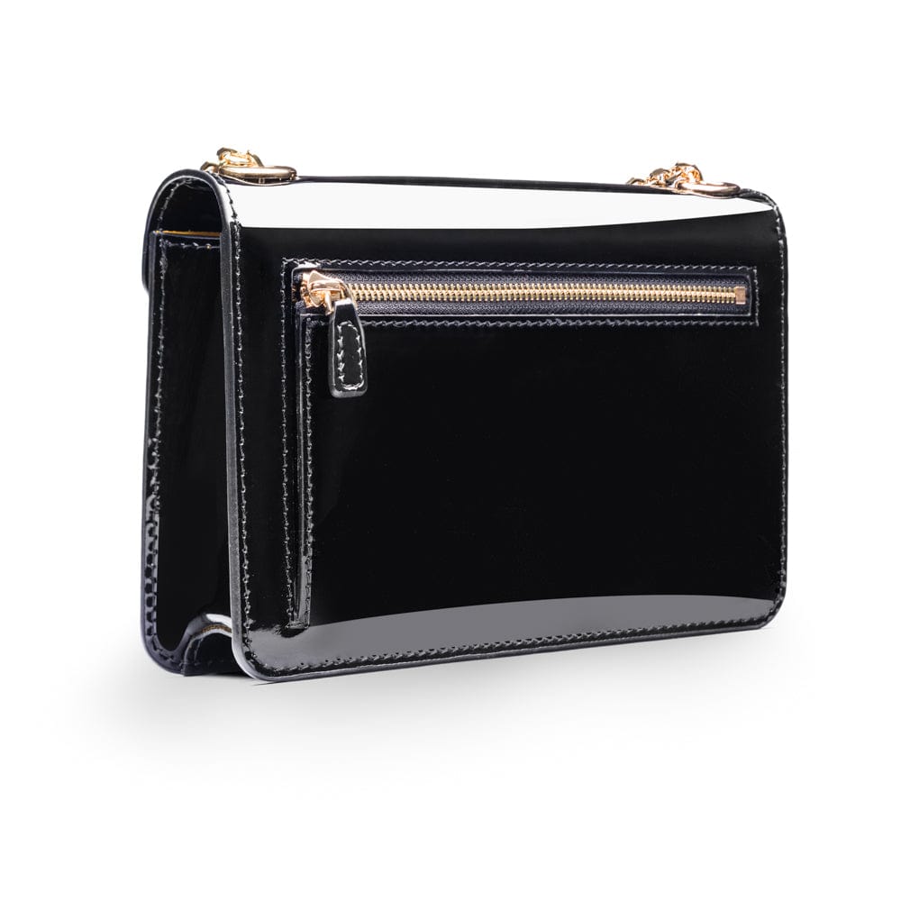 Small leather envelope chain bag, black patent, back