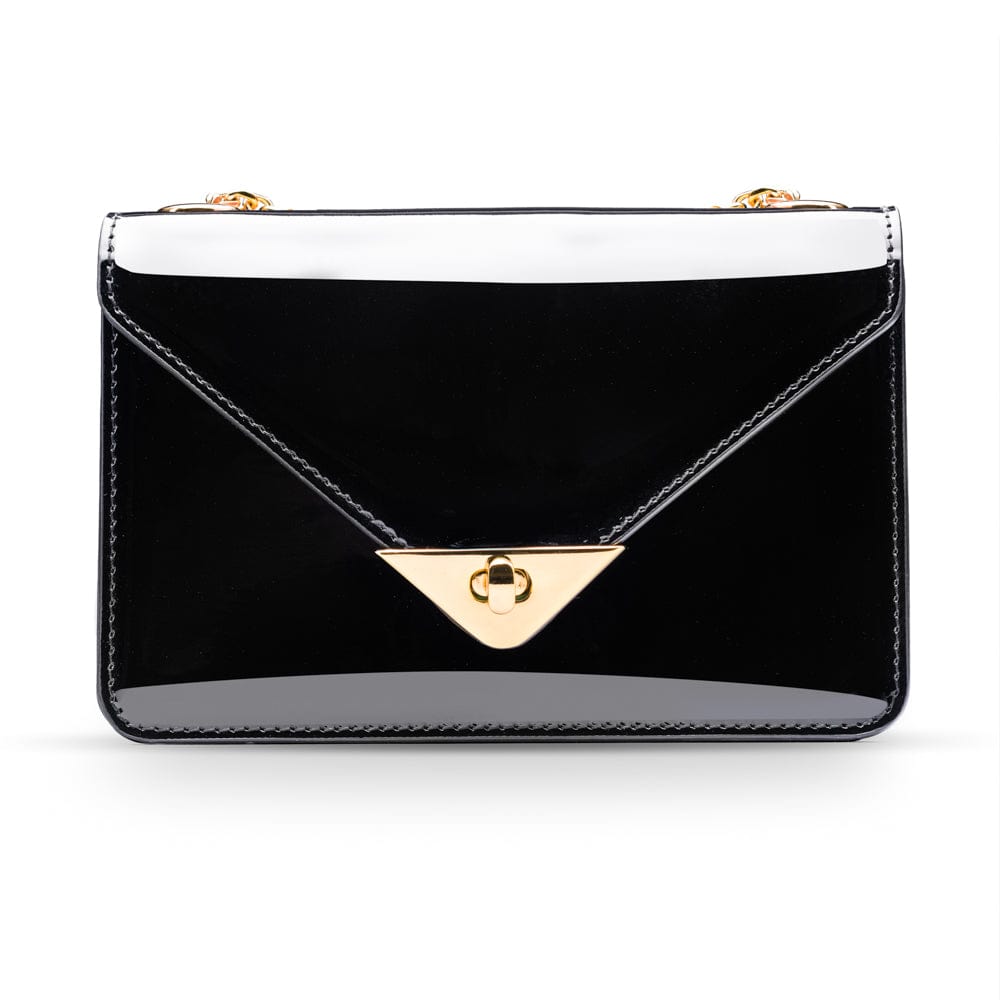 Small leather envelope chain bag, black patent, front