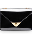 Small leather envelope chain bag, black patent, front