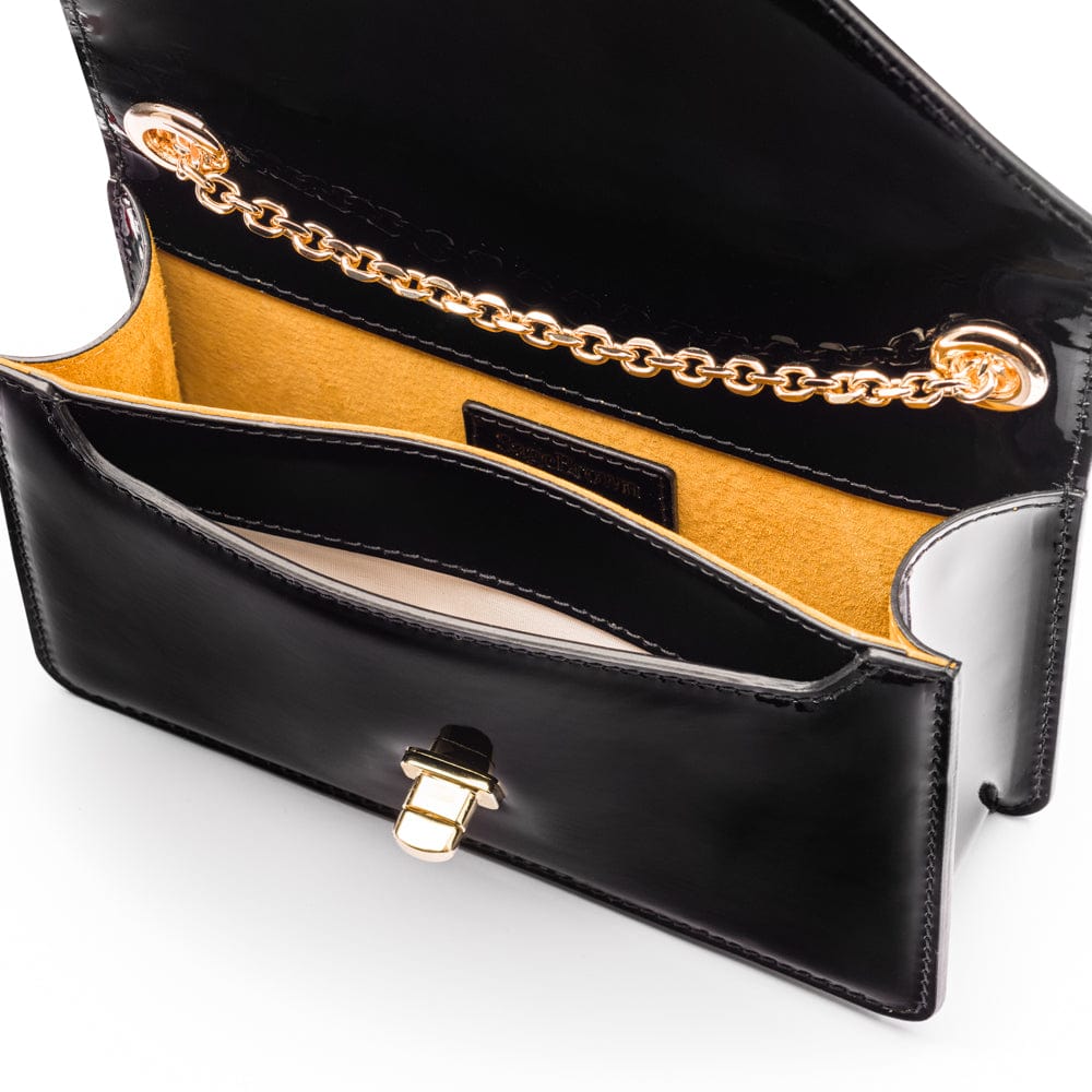 Small leather envelope chain bag, black patent, inside view