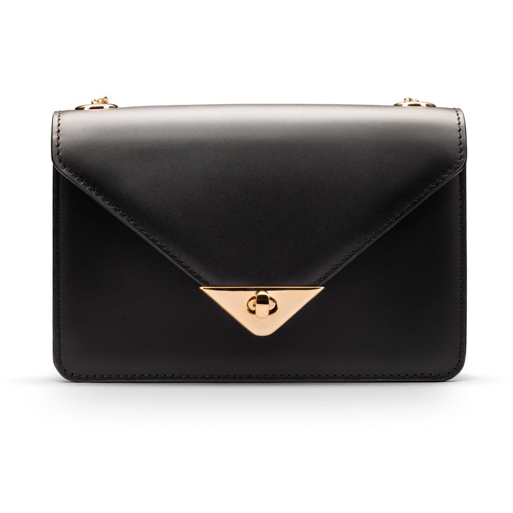 Small leather envelope chain bag, black, front view