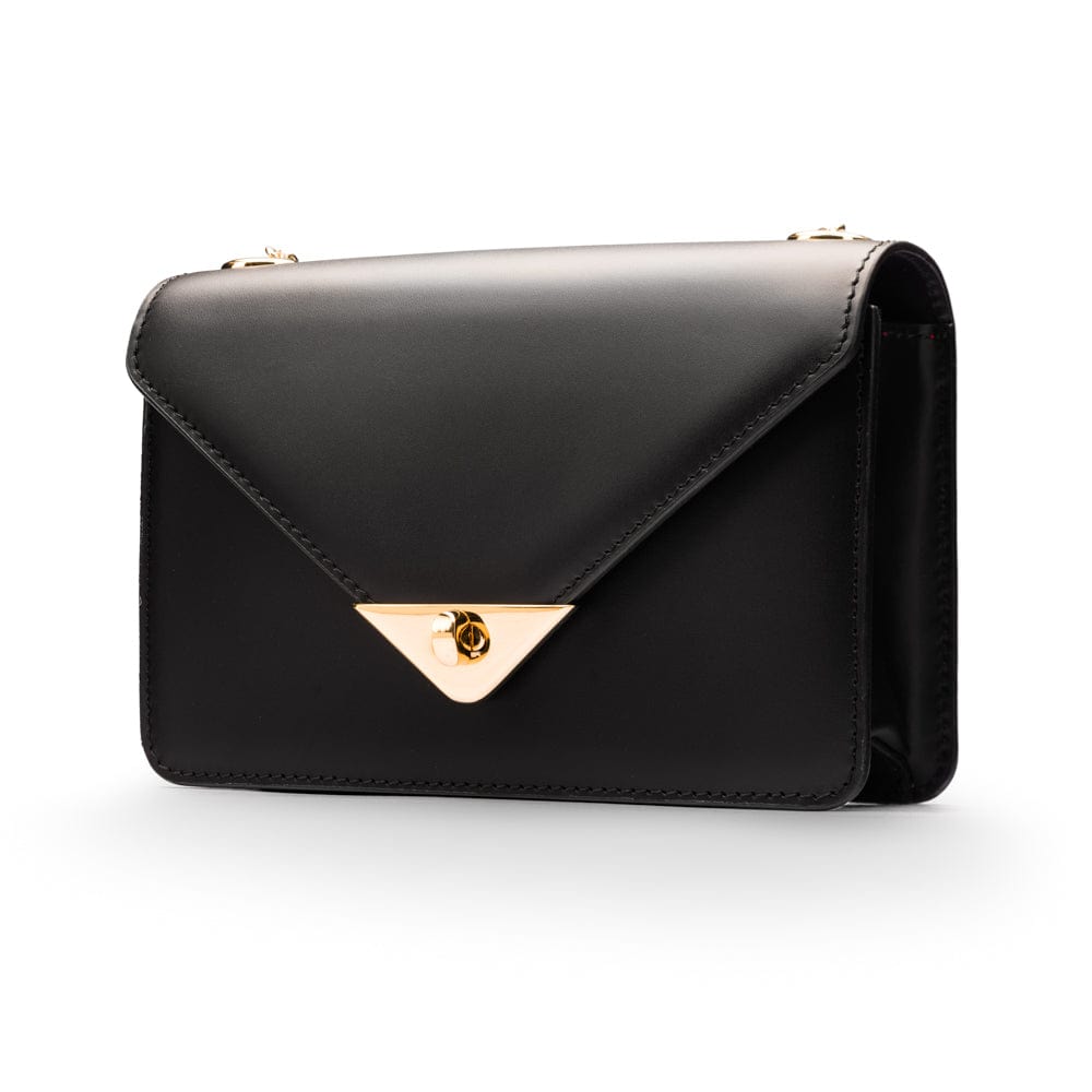 Small leather envelope chain bag, black, front