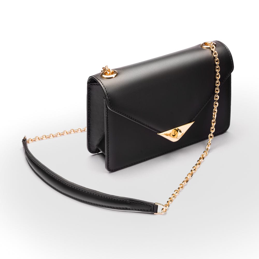 Small leather envelope chain bag, black, side view