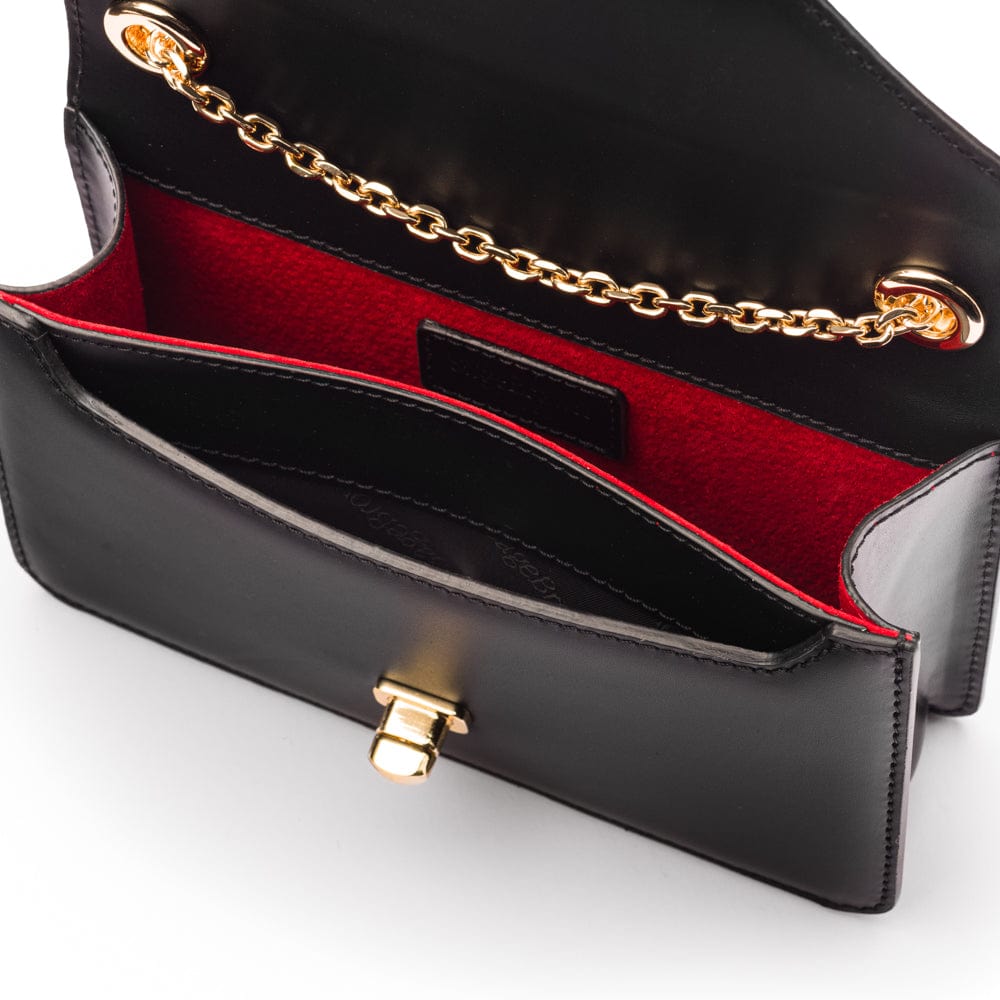 Small leather envelope chain bag, black, inside view