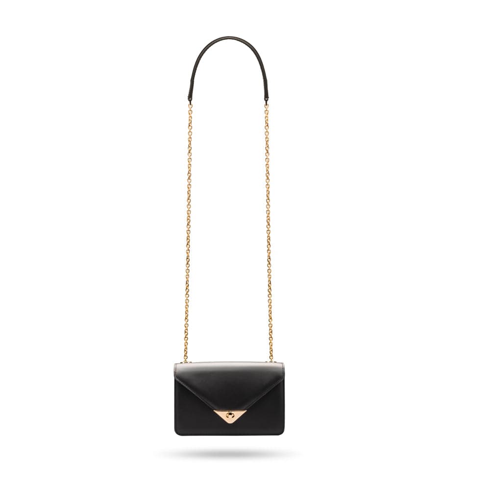 Small leather envelope chain bag, black, long chain strap