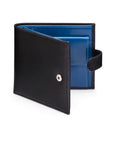 Leather wallet with coin purse, ID and tab closure, black with cobalt, front