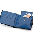 Leather wallet with coin purse, ID and tab closure, black with cobalt, coin purse open