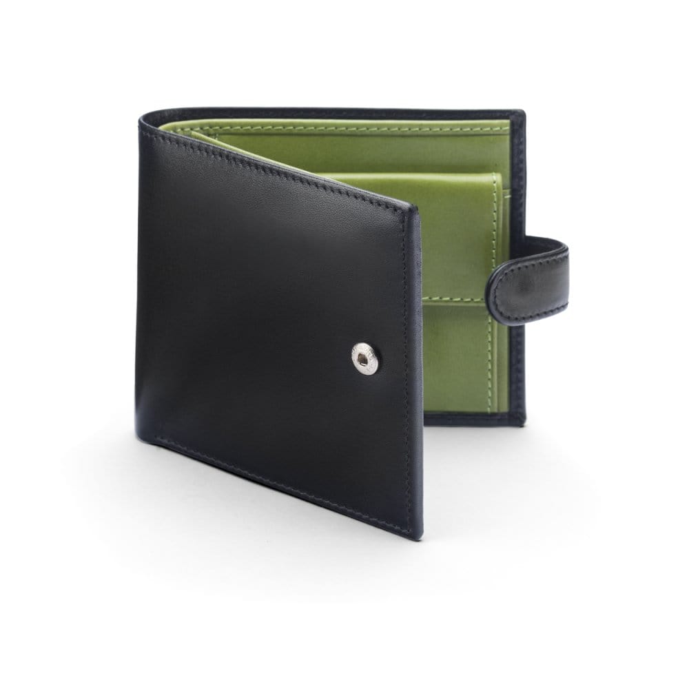 Leather wallet with coin purse, ID and tab closure, black with  lime, front