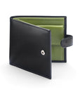 Leather wallet with coin purse, ID and tab closure, black with  lime, front