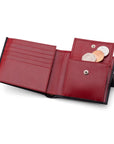 Leather wallet with coin purse, ID and tab closure, black with  red. coin purse open