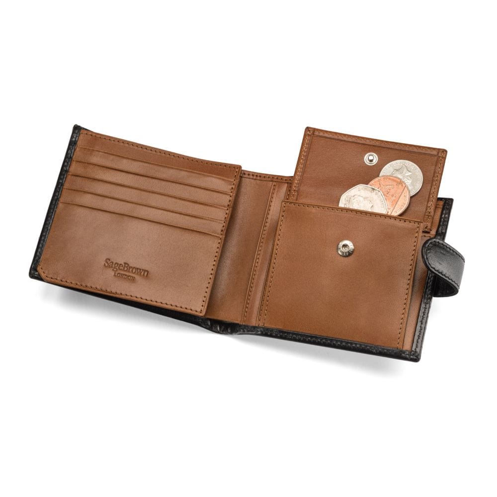 Leather wallet with coin purse, ID and tab closure, black with tan, coin purse open
