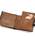 Leather wallet with coin purse, ID and tab closure, black with tan, coin purse open