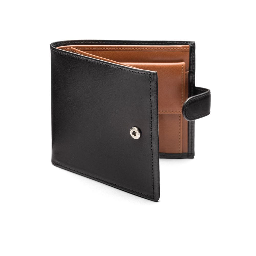 Leather wallet with coin purse, ID and tab closure, black with tan, front