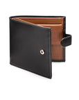 Leather wallet with coin purse, ID and tab closure, black with tan, front