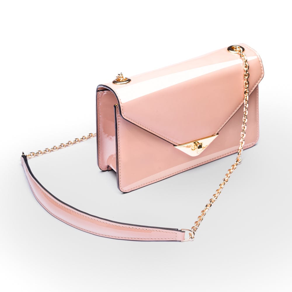 Small leather envelope chain bag, blush patent, side view