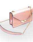 Small leather envelope chain bag, blush patent, side view