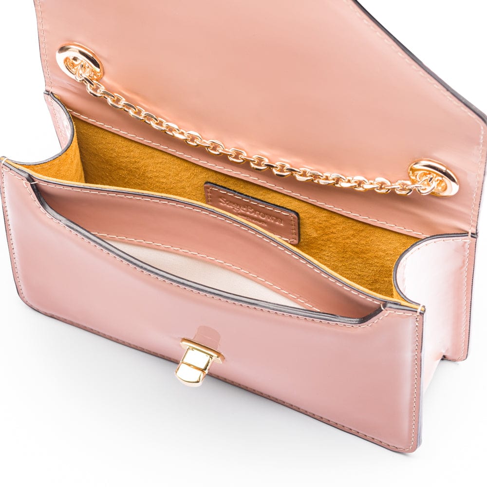 Small leather envelope chain bag, blush patent, inside