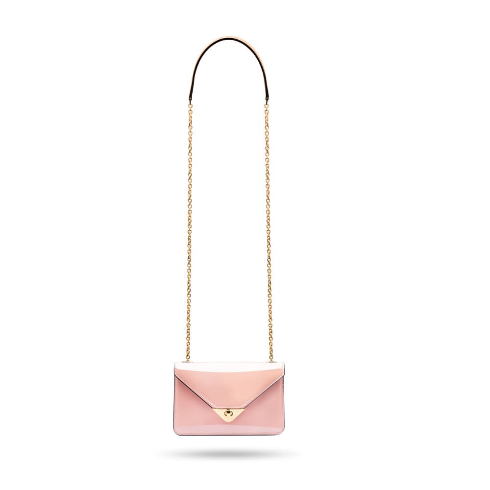 Small leather envelope chain bag, blush patent, long chain strap