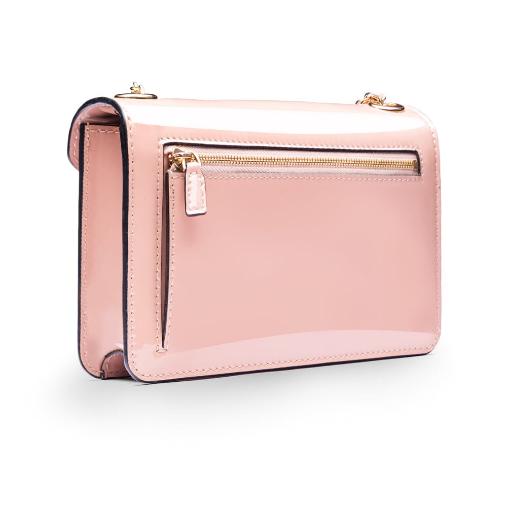 Small leather envelope chain bag, blush patent, back