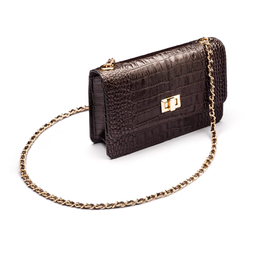 Mini chain bag, brown croc, with long chain strap