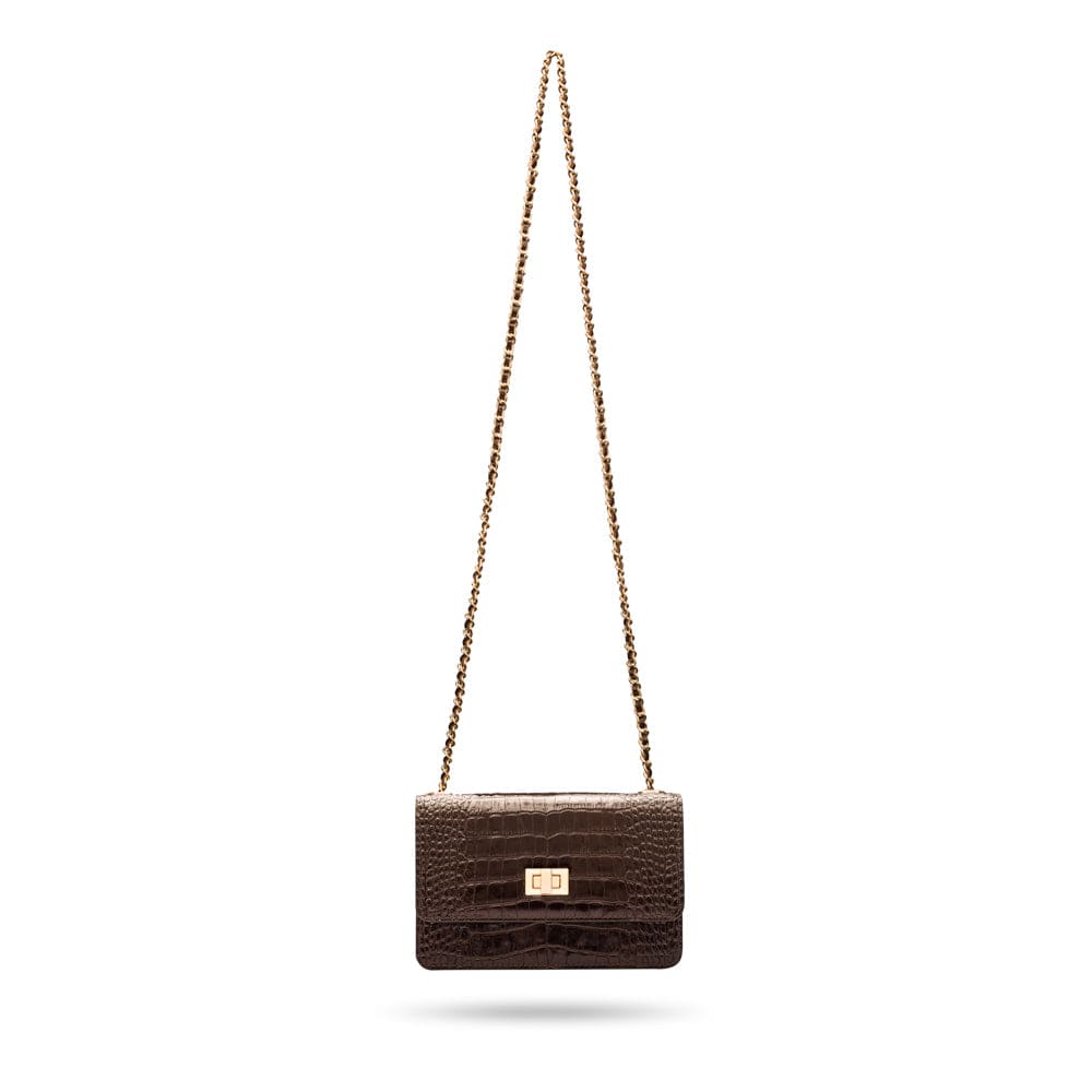 Mini chain bag, brown croc, shoulder strap