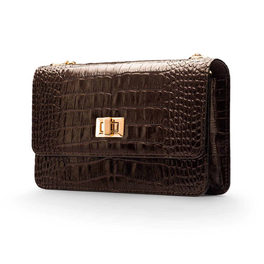 Mini chain bag, brown croc, side view