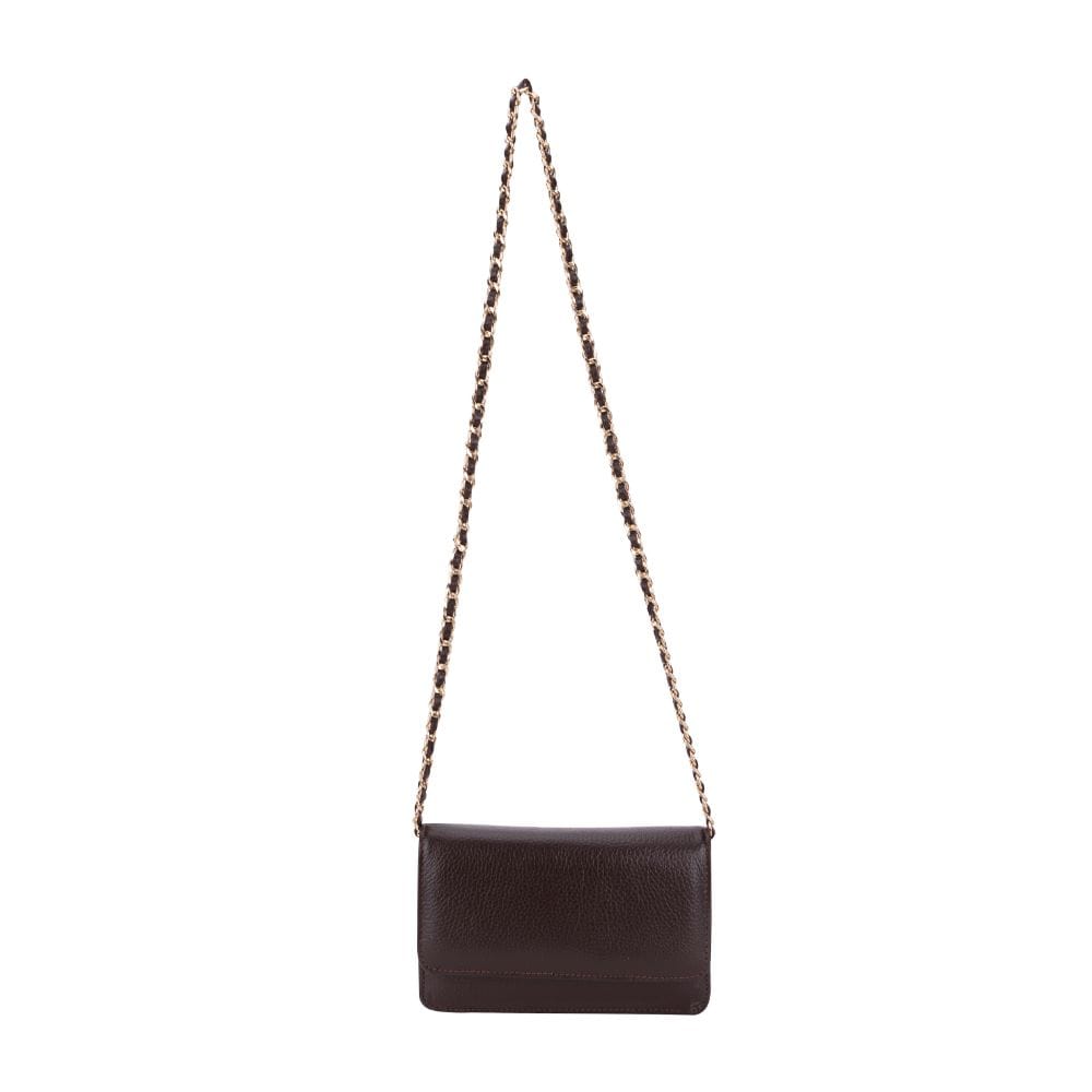 Leather mini chain bag, brown, long chain strap