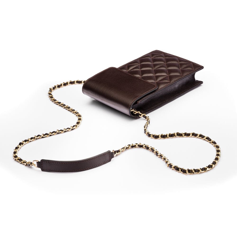Leather phone bag, brown, with chain strap