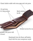 Leather wallet with coin purse, ID and tab closure, brown, features