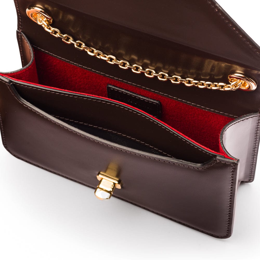 Small leather envelope chain bag, brown, inside view