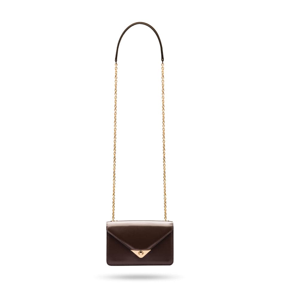 Small leather envelope chain bag, brown, long strap