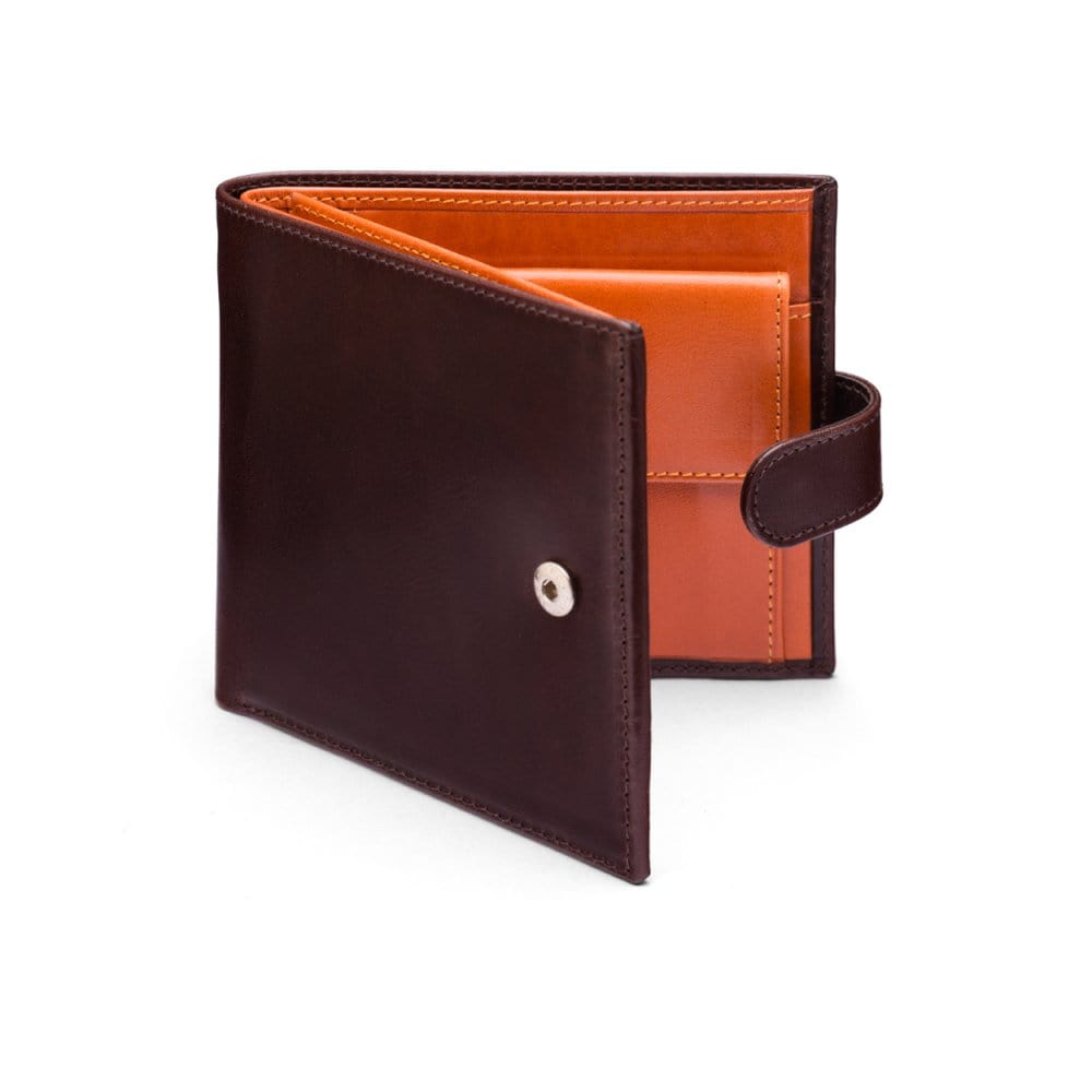 Leather wallet with coin purse, ID and tab closure, brown with orange, front