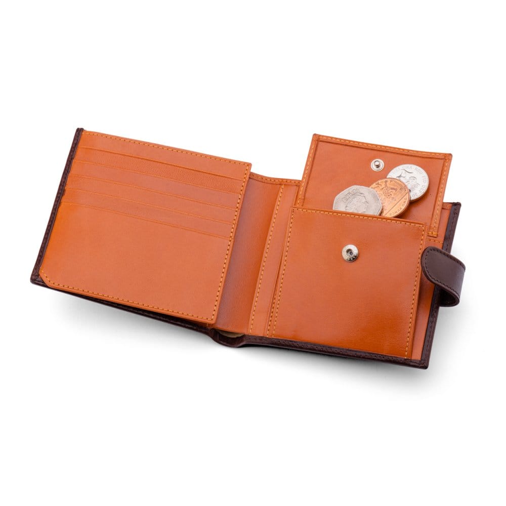 Leather wallet with coin purse, ID and tab closure, brown with orange, coin purse open