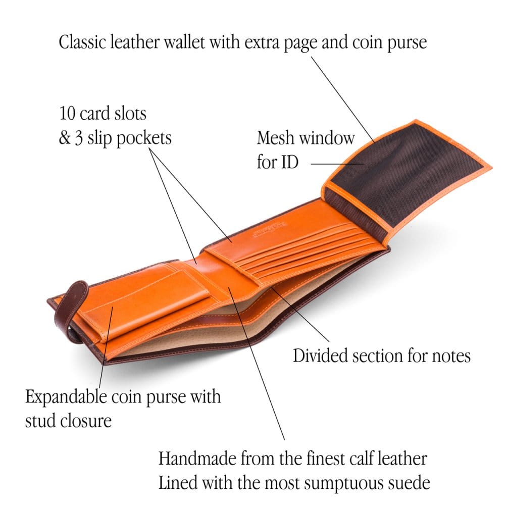 Leather wallet with coin purse, ID and tab closure, brown with orange, features