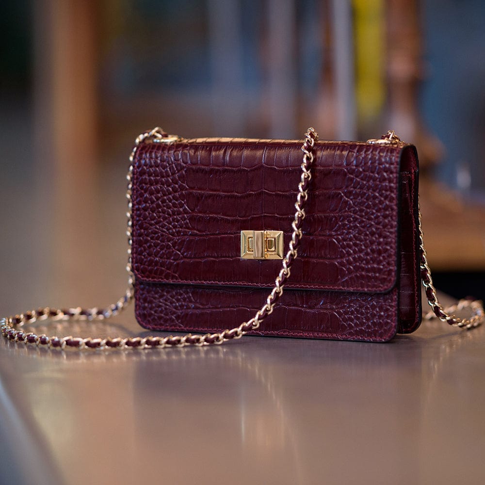 Small leather chain bag, burgundy croc, lifestyle