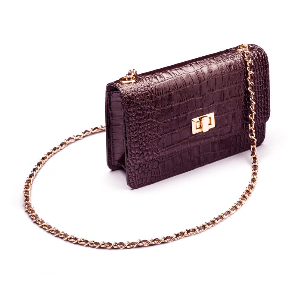 Mini chain bag, burgundy croc, side view