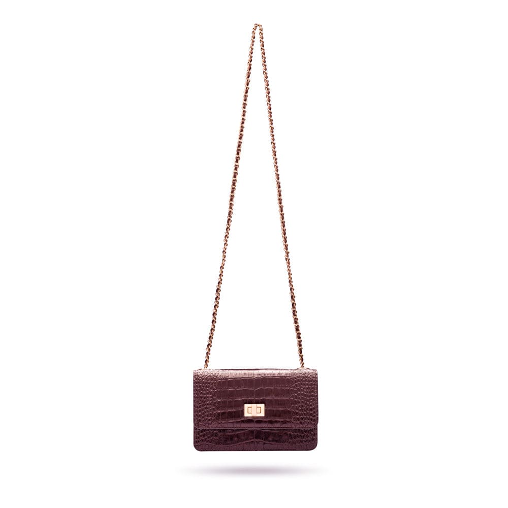 Mini chain bag, burgundy croc, with chain strap