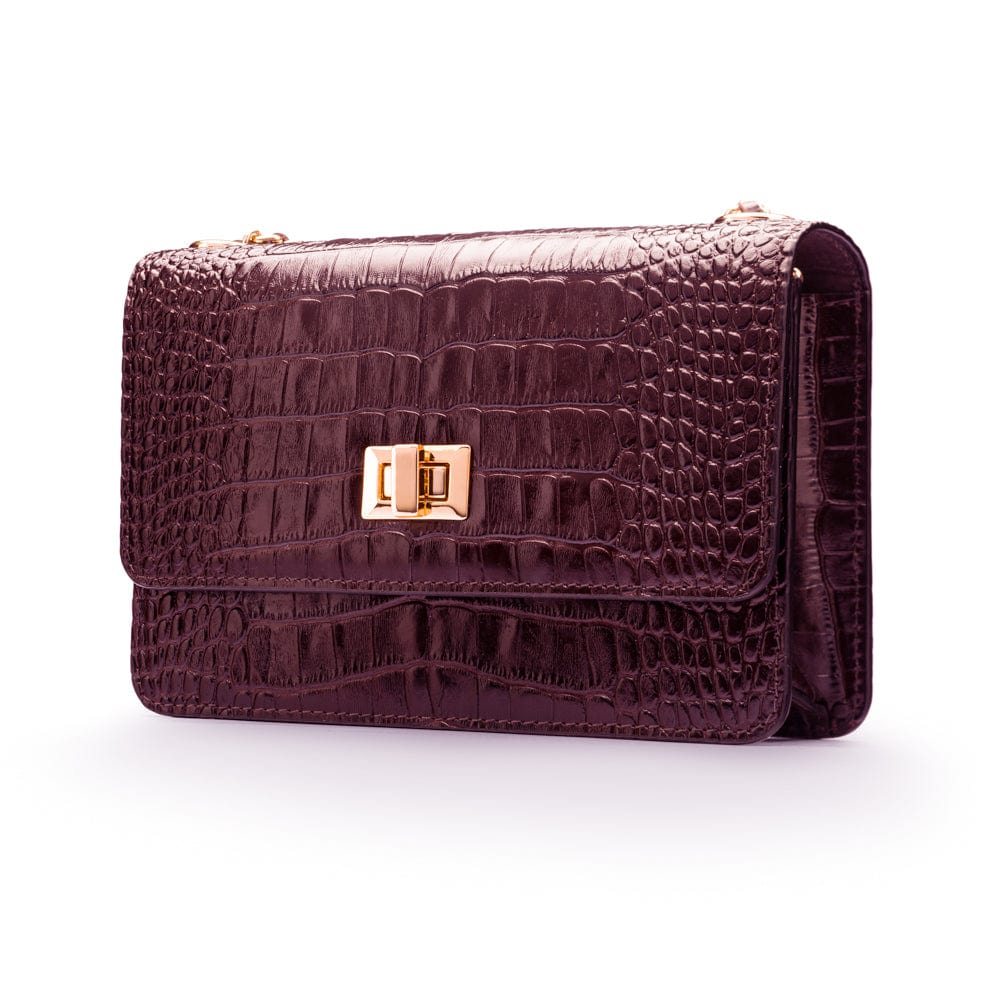 Mini chain bag, burgundy croc, side view