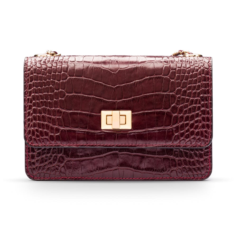 Mini chain bag, burgundy croc, front view