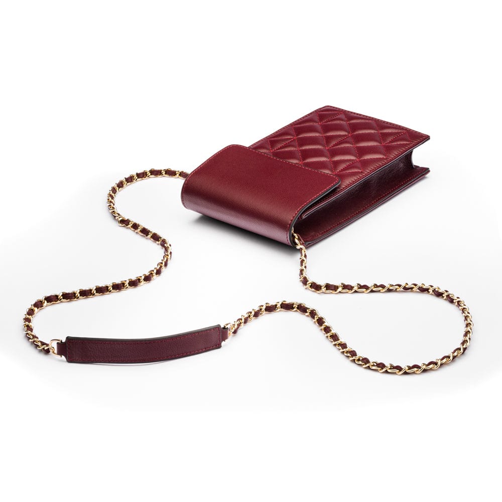 Leather phone bag, burgundy, with chain strap