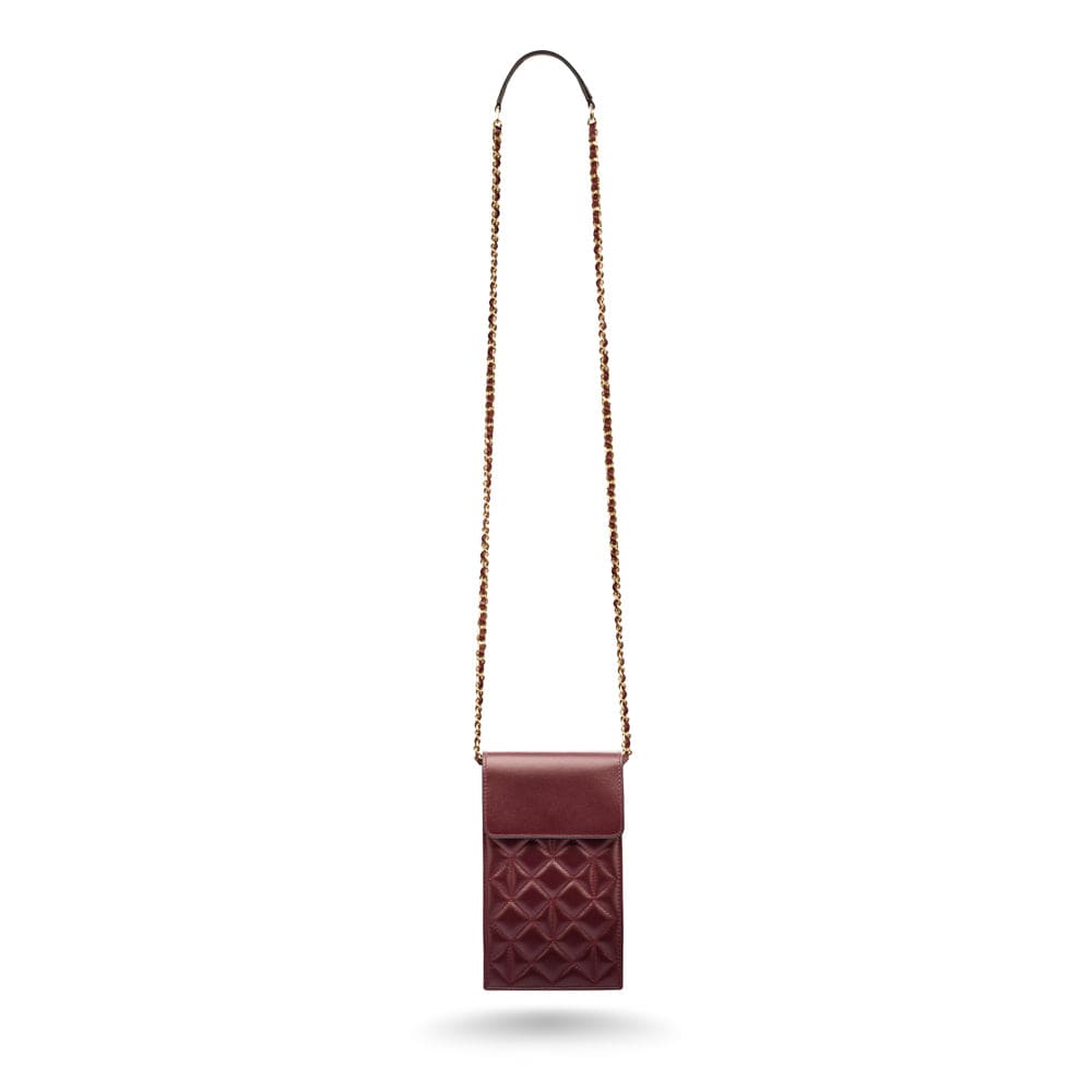 Leather phone bag, burgundy, with long strap