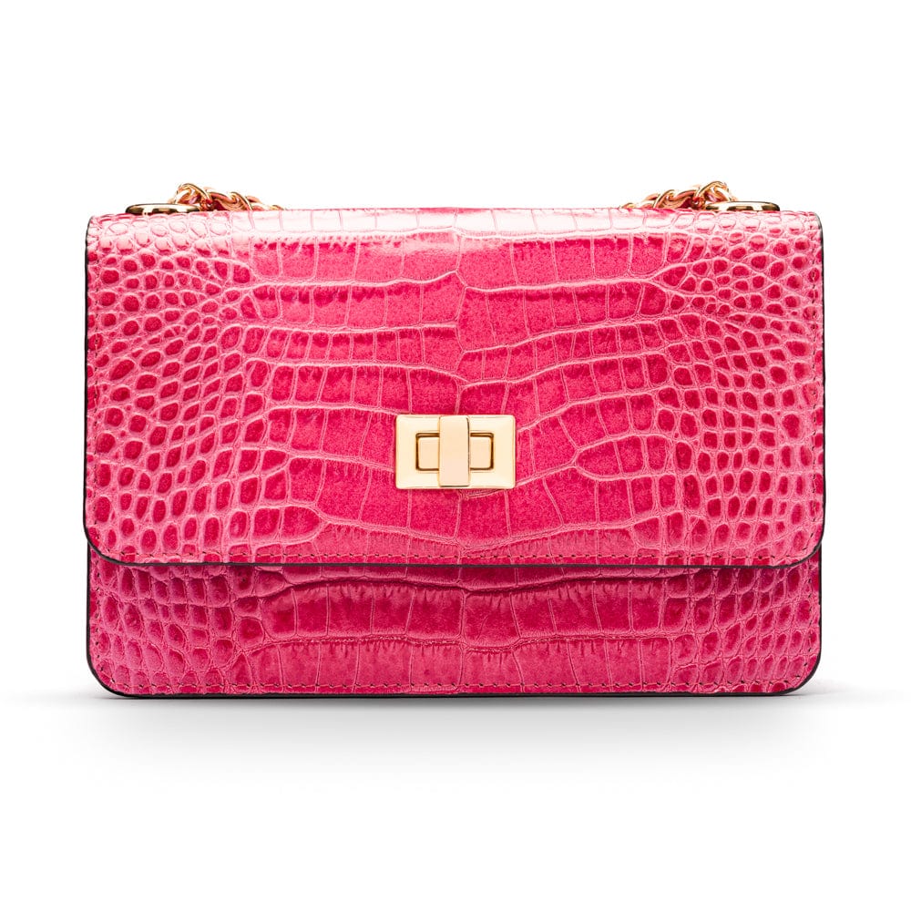 Mini chain bag, cerise pink croc, front view