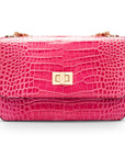 Mini chain bag, cerise pink croc, front view