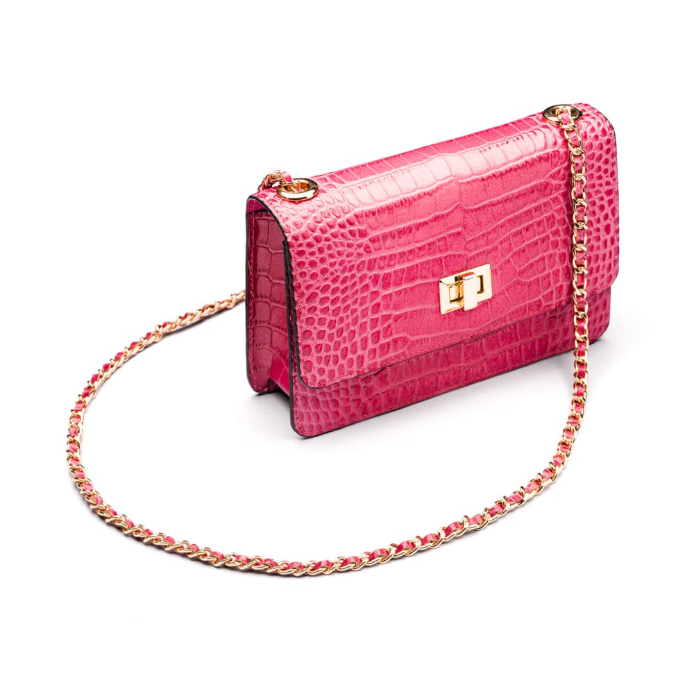 Mini chain bag, cerise pink croc, side view